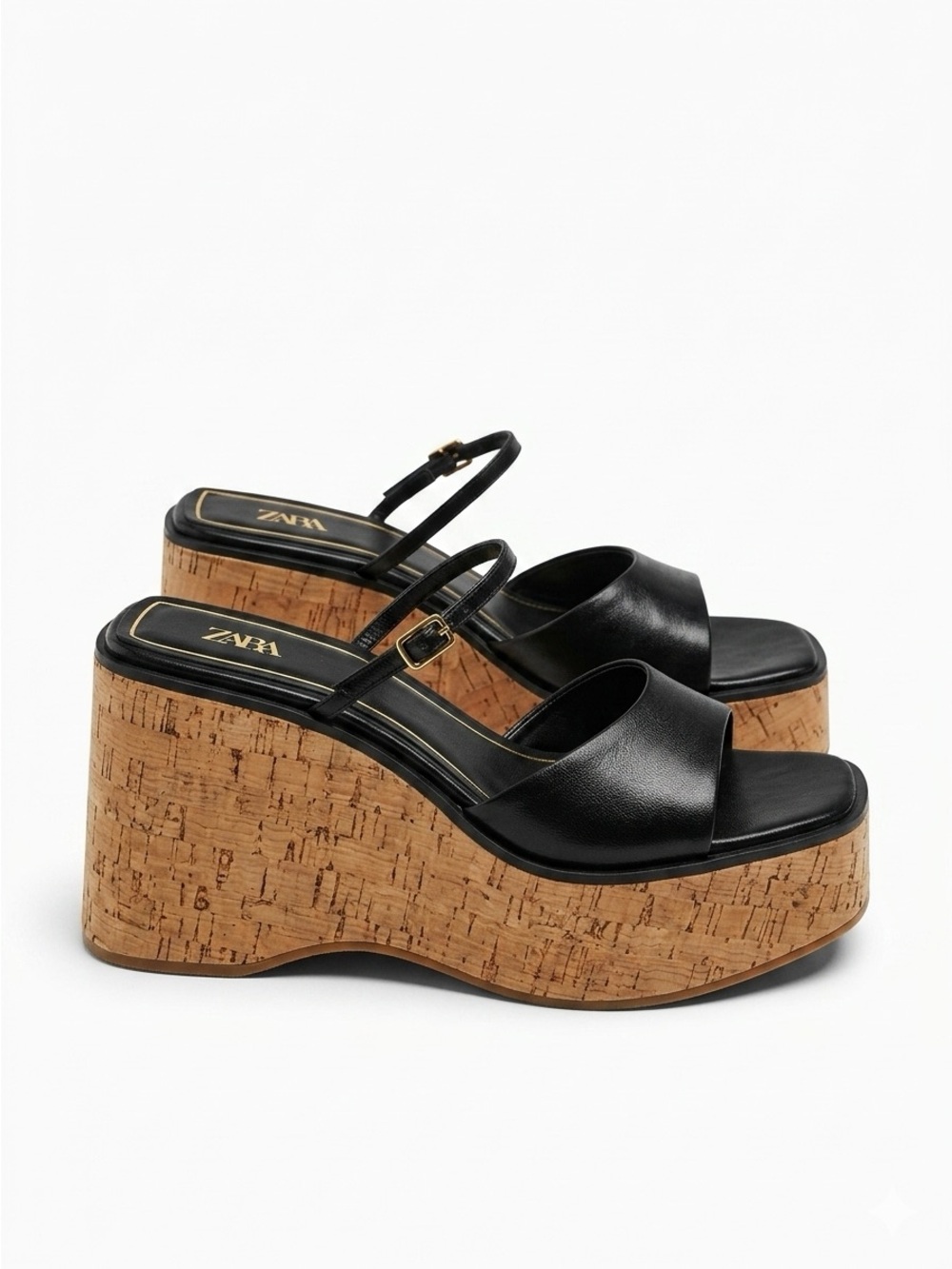Zara Black Faux Leather Chunky Cork Platform Wedge Sandals